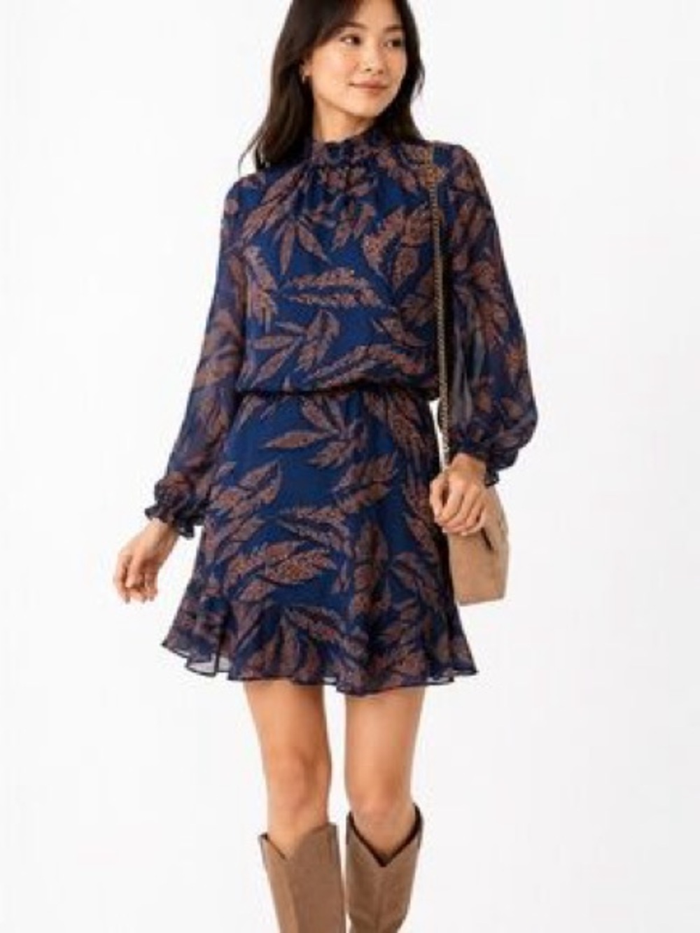 THML Mock Neck Leaf Print Mini Dress